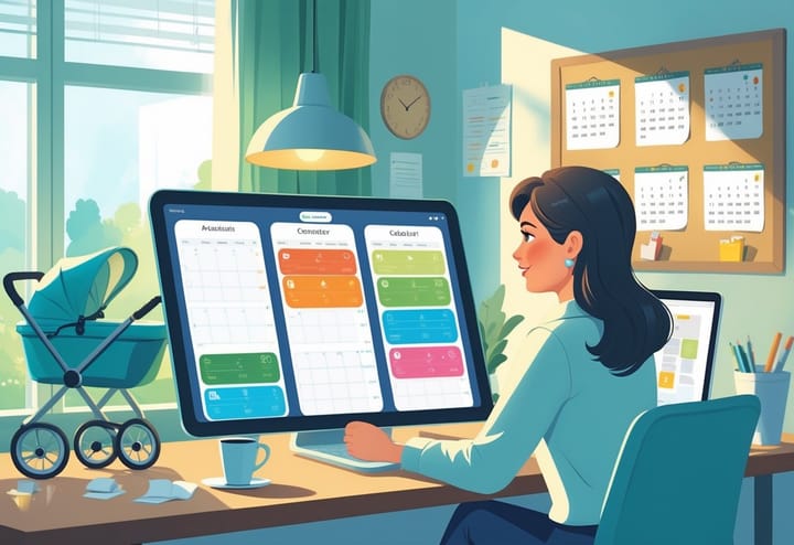 A busy mom at a desk comparing different calendar apps on a large digital tablet in a cozy home office surrounded by baby items and office supplies.