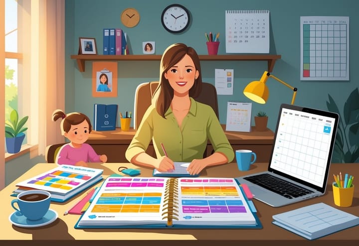 A mom at a desk managing her hourly planner with a child playing nearby and a laptop showing a calendar.
